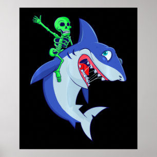 Poster Shark Halloween Skeleton Riding Sharks Lover Funny