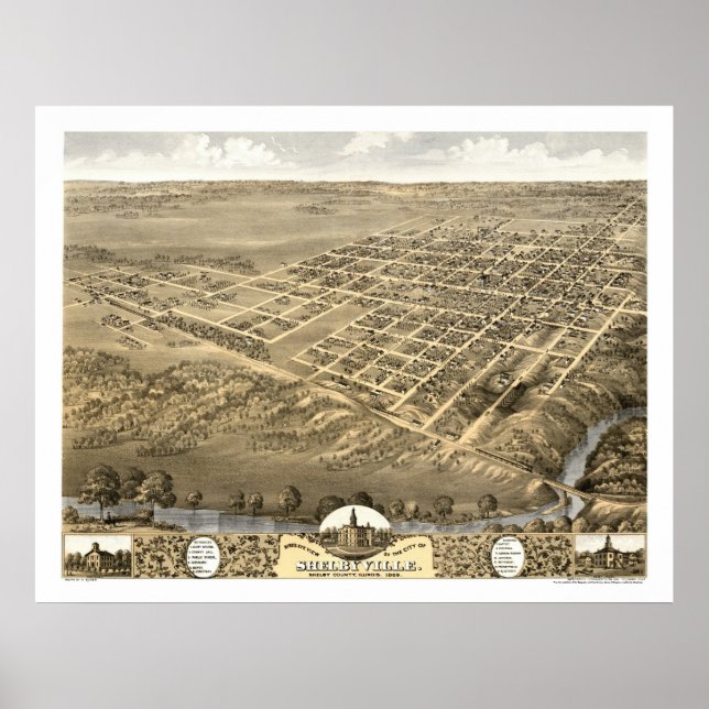 Poster Shelbyville, IL Carte panoramique - 1869 (Devant)