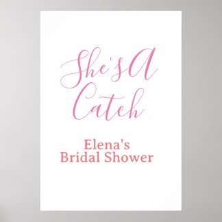 Poster she's a catch bridal shower name date pink purple 