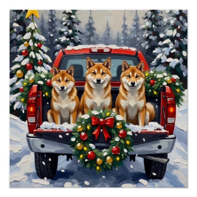 Poster Shiba Inu Christmas Red Truck Holiday (Devant)