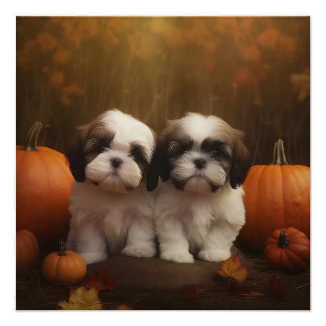 Poster Shih Tzu Puppy Automne Citrouille de plaisir (Devant)