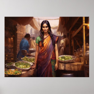 Poster Shopping dans un marché indien peinture à l'huile