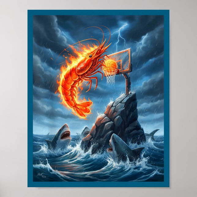 Poster Shrimp Dunking On Shark Funny Fishing Meme Basketb (Devant)