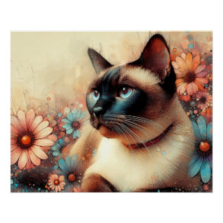 Poster siamese cat and flowers