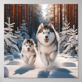 Poster Siberian Husky maman et son chiot