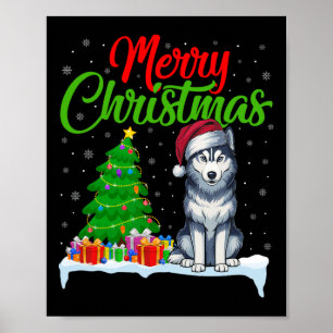Poster Sibérie Husky Chien Noël Arbre Lumière Fantastique
