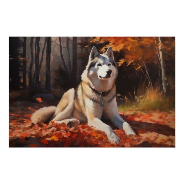 Poster Sibérie Husky en automne Feuilles automne Inspire  (Devant)