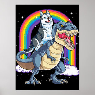 Poster Sibérie Husky Riding Dinosaur Rex Cadeaux Garçons