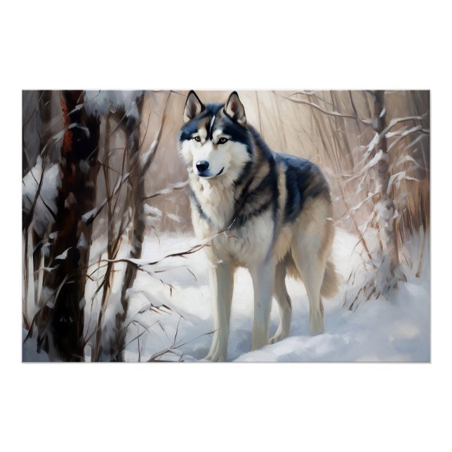 Poster Sibérien Husky Laisser Neige Noël (Devant)