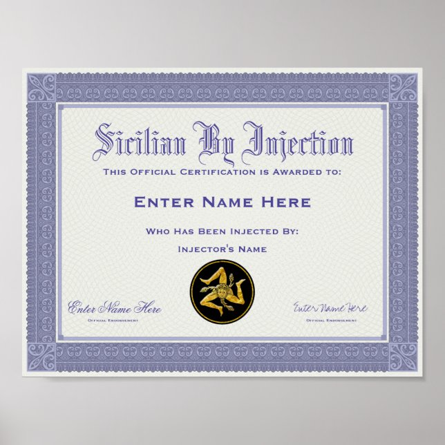 Poster Sicilien Par Injection Certification Drôle (Devant)