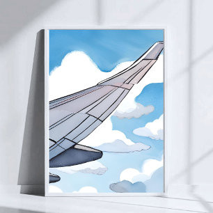 Poster Siège Fenêtre   Aile d'Avion Ciel Aquarelle Voyage