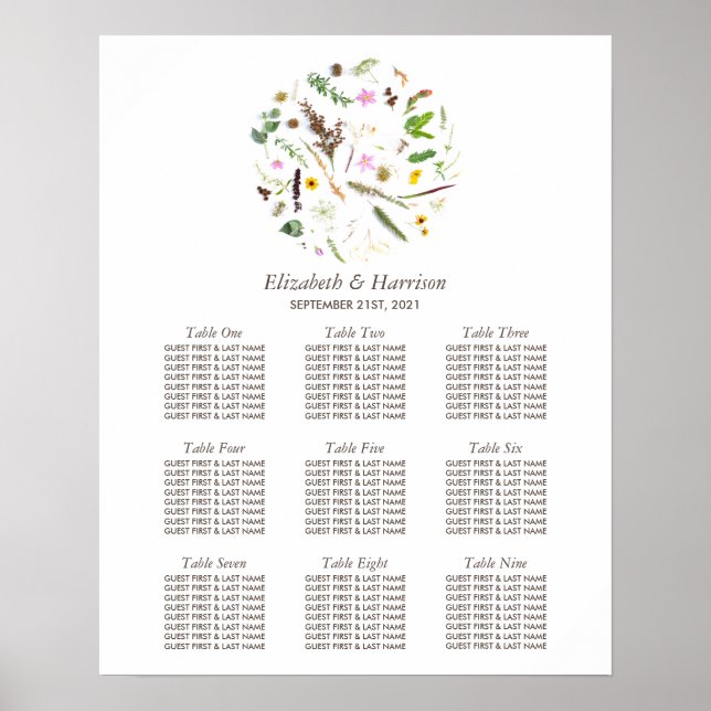 Poster Siège Mariage à fleurs sauvages simple et élégant (Devant)