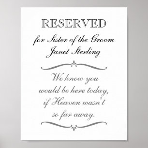 Poster Siège réservé Sœur du marié Mémorial Mariage