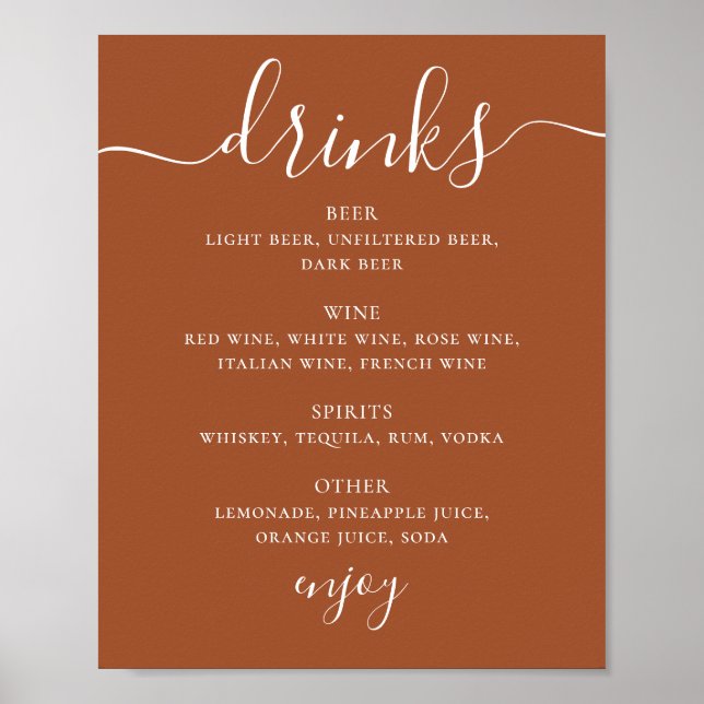 Poster Sienna Wedding Drinks Menu | Terracotta Bar Sign (Devant)