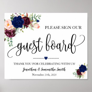 Poster Sign our Guest board wedding shower navy burgundy