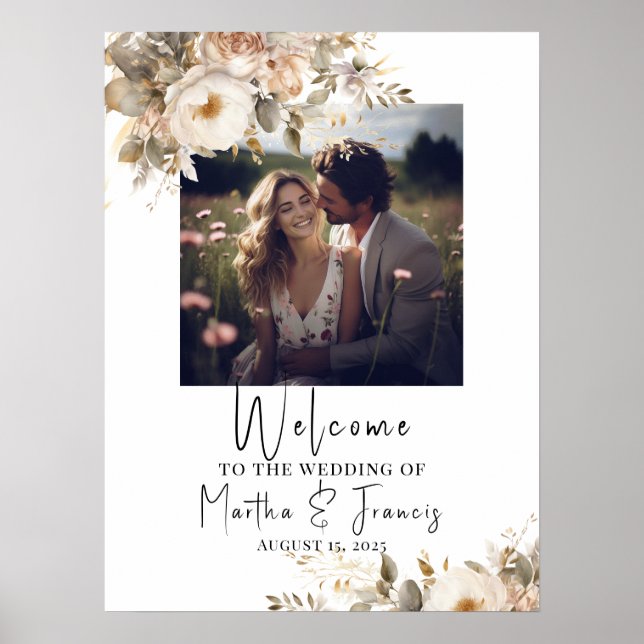 Poster Signal d'accueil mariage, photo et fleurs d'aquare (Devant)