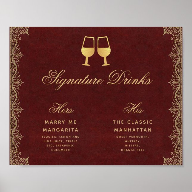 Poster Signature Boissons Burgundy or Script Mariage Sign (Devant)