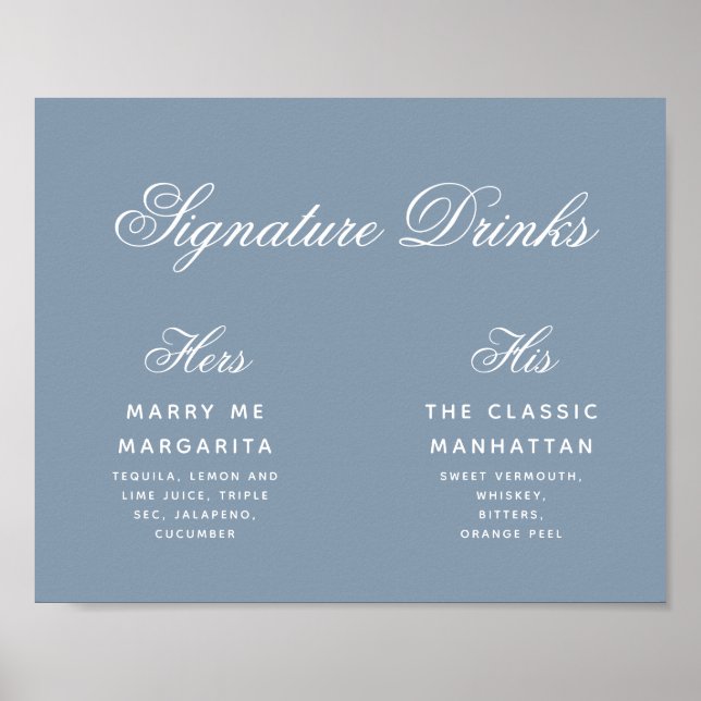 Poster Signature Boissons Dusty Blue Simple Mariage Signa (Devant)