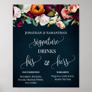 Poster Signature Boissons Mariage Fleurs de vin Panneau d