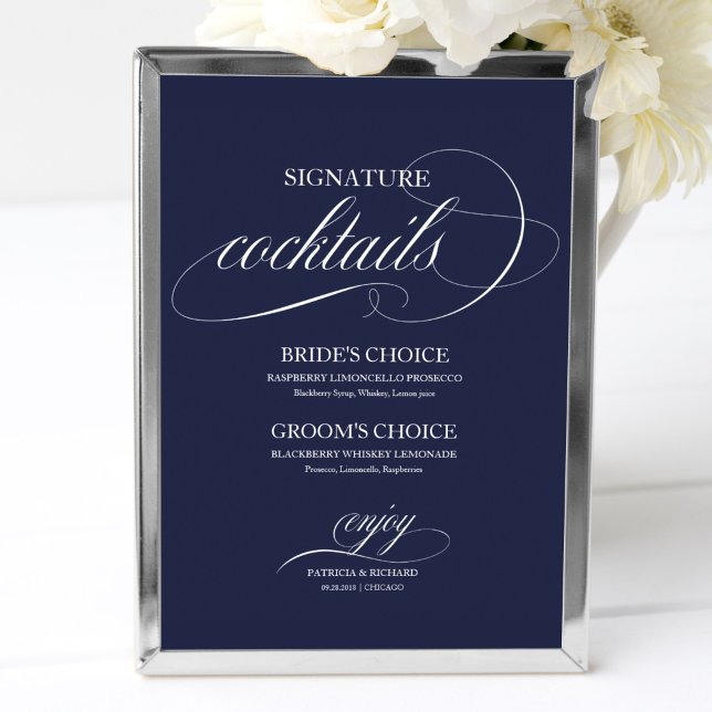 Poster Signature Cocktails Panneau Mariage bleu marine (Créateur téléchargé)
