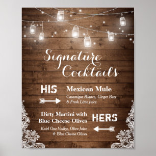 Poster Signature Cocktails Rustic String Lights Lace