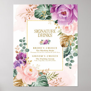 Poster Signature mariage Boissons Tropical Floral Green