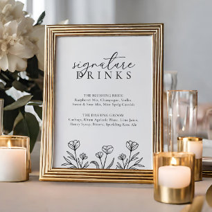 Poster Signature Mariage floral noir simple Boissons Sign