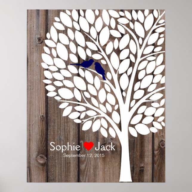 Poster signature mariage guest book tree marine blue wood (Devant)