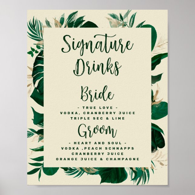 Poster Signature Tropical Boissons Mariage Bar Menu Signe (Devant)