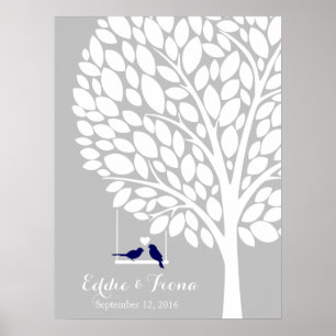 Poster signature wedding guest book tree bird navy
