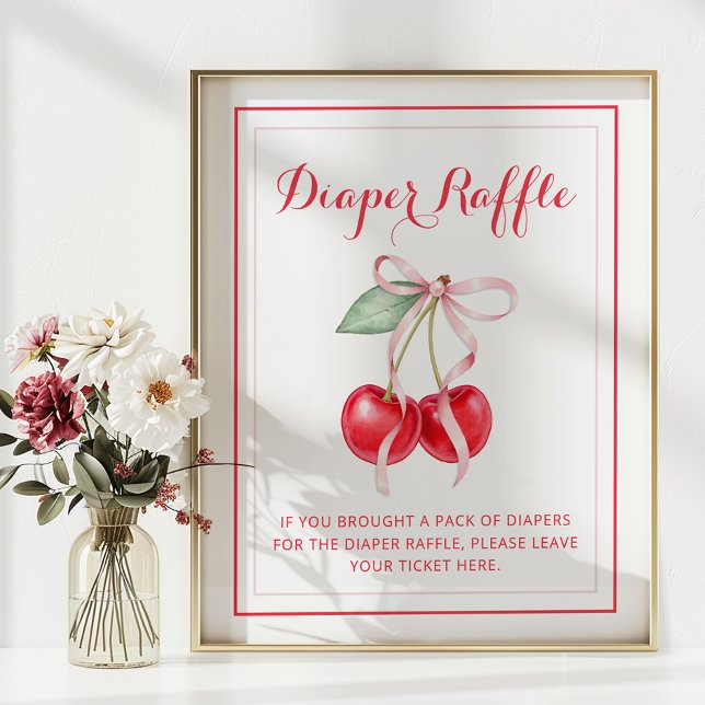 Poster Signe à rousseur Baby shower cerise (Diaper Raffle Baby Shower Sign)