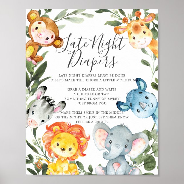 Poster SIGNE Baby shower Animaux de la Jungle Diapeurs de (Devant)