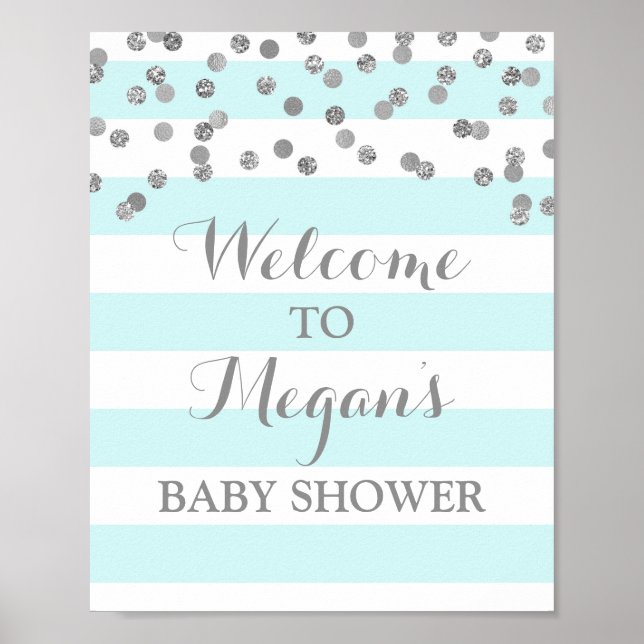 Poster SIGNE baby shower Bleu Stripes Argent Confetti (Devant)