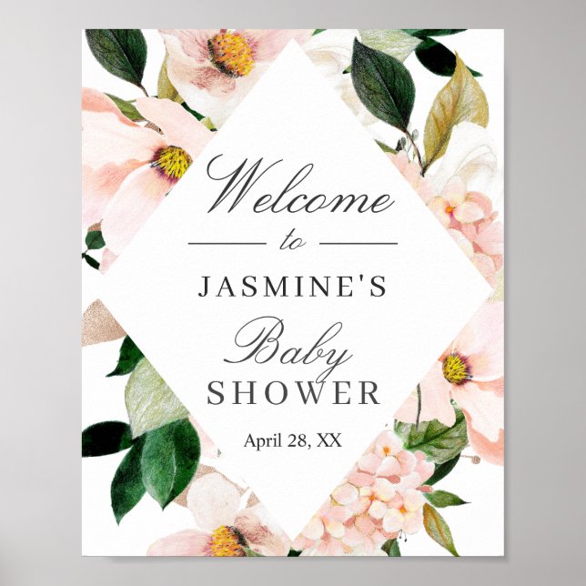Poster SIGNE Baby shower Floral Rose-Bleu Hydrangea (Devant)