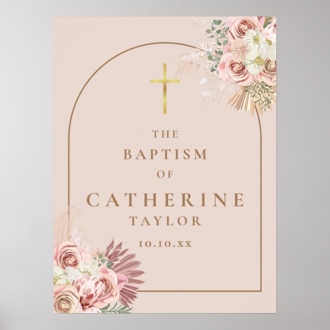 Poster Signe Baptême Pampas Grass Pink Gold Arch (Devant)