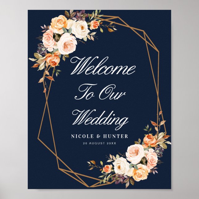 Poster signe d'accueil mariage bleu marine floral d'autom (Devant)