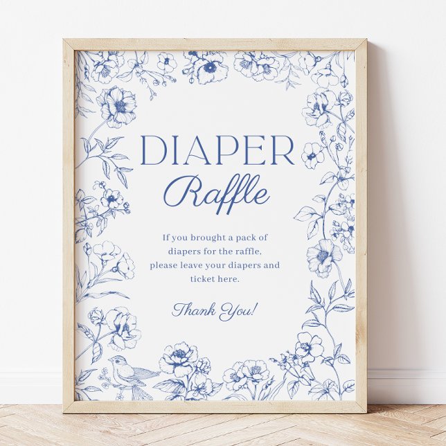 Poster Signe de Baby shower Bleu Chinoiserie (Blue Chinoiserie Baby Shower Diaper Raffle Sign)