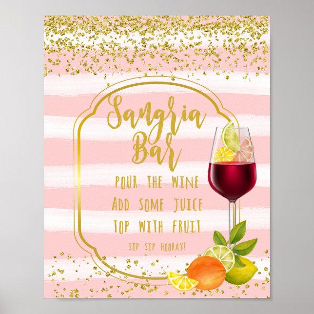 Poster signe de bar sangria fruits confettis rose et or (Devant)
