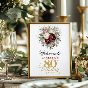 Poster Signe de bienvenue 80e anniversaire Burgundy Blush