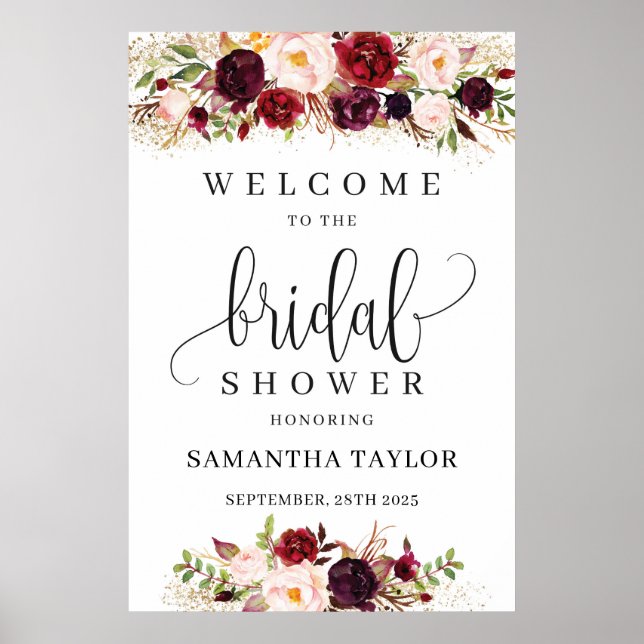 Poster Signe de bienvenue au mariage bohème floral rouge  (Devant)