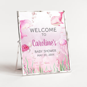 Poster Signe de bienvenue Baby Shower Rose sous la mer