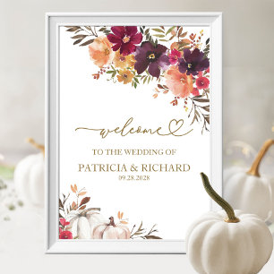 Poster Signe de bienvenue de mariage automnal floral bord