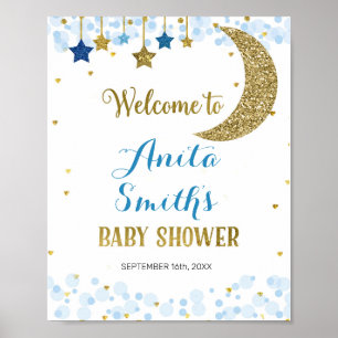 Poster signe de bienvenue du baby shower bleu lune