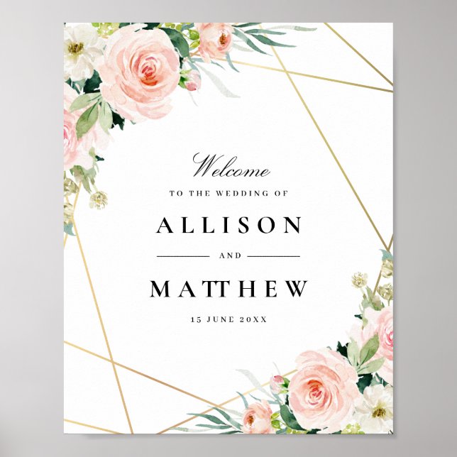 Poster signe de bienvenue du mariage géométrique rose (Devant)