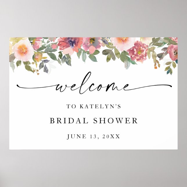 Poster Signe de bienvenue Fête de Mariage Fleurs roses (Devant)