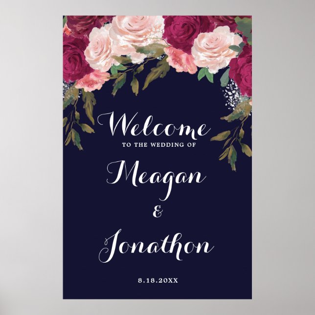 Poster signe de bienvenue mariage floral de marine (Devant)