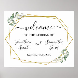 Poster signe de bienvenue mariage verdure or géométrique