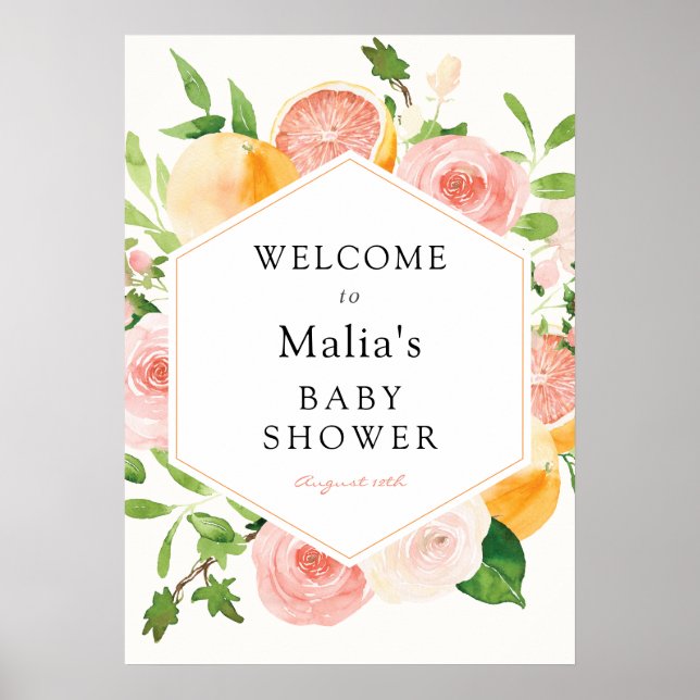 Poster Signe de bienvenue pour Baby Shower Floral Citron  (Devant)