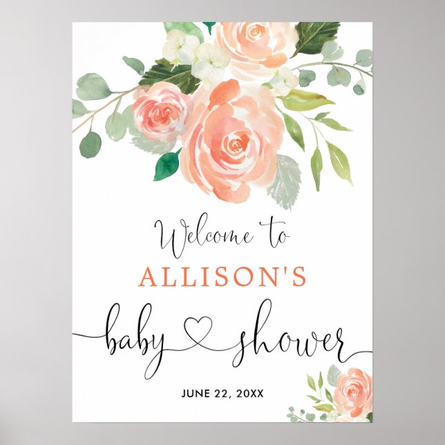 Poster Signe de bienvenue pour baby shower floral verdure (Devant)