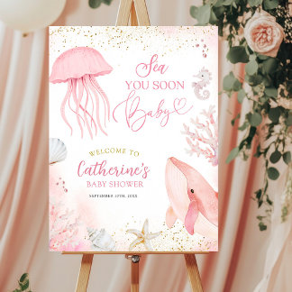 Poster Signe de bienvenue pour Baby Shower Rose Sea You S